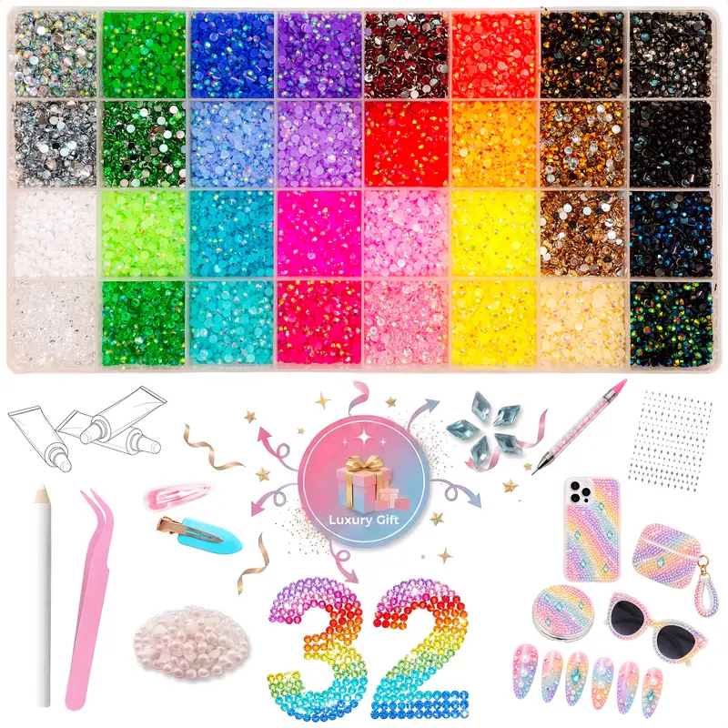 32 Color Jelly Rhinestone Bedazzling Kit, 40,000+ 3mm Sparkly Resin Gems with Complete DIY Tool Set, Dual-Ended Pickup Pen, Tweezers, Pearl Gems, Blue Rhombus Rhinestones & Star Nail Stickers for DIY Phone Cases, Tumblers, Nail Art & Crafts