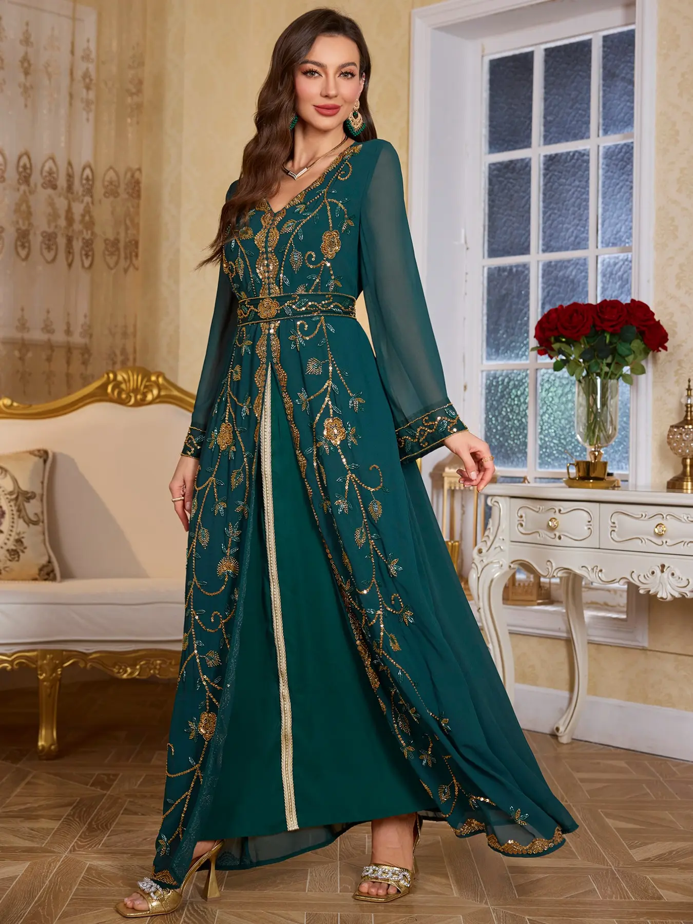 Embroidered Sequin Muslim Robe, Arab Women's Long Sleeve Chiffon Maxi Dress, Elegant Gown for Weddings and Parties