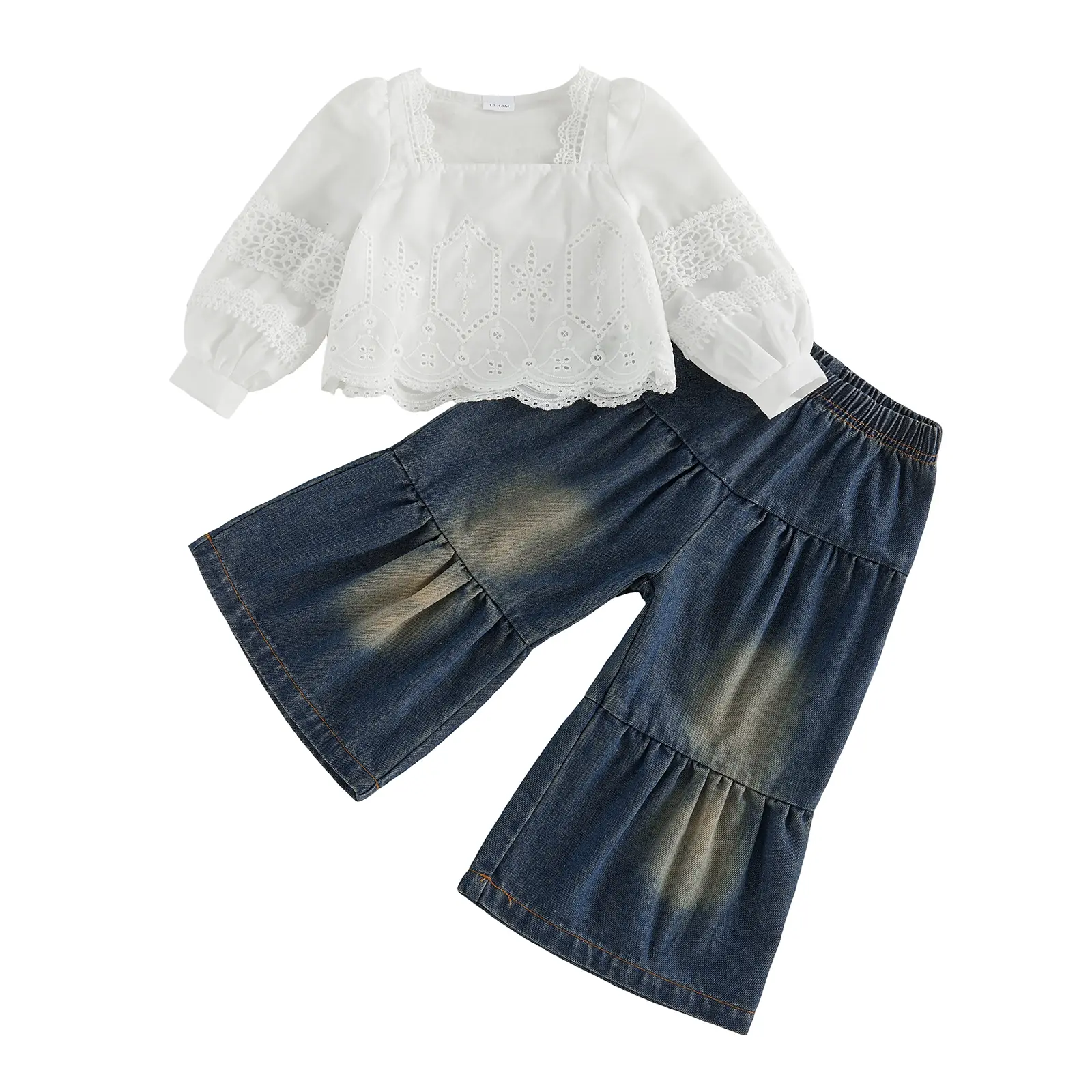 Toddler Baby Little Girl Denim Outfit Embroidered Long Sleeve Tops and Elastic Waist Jeans Pants Clothes Set 1-6 Years