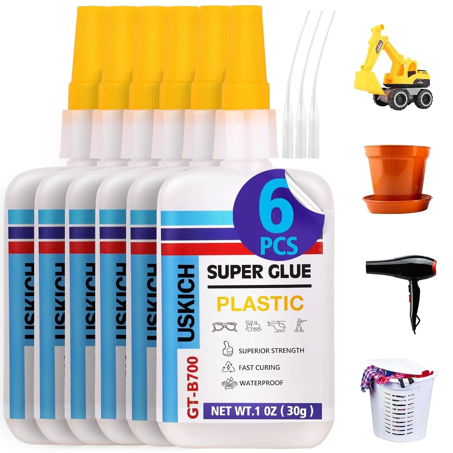 Heavy Duty Plastic Super Glue with Anti-Clog Cap - 6 x 1 fl oz Adhesive Kit for Miniatures Fix, PLA, ABS, PVC, 3D Printing, Toys, Quick Dry Model Repair Solution, Plastic Glue