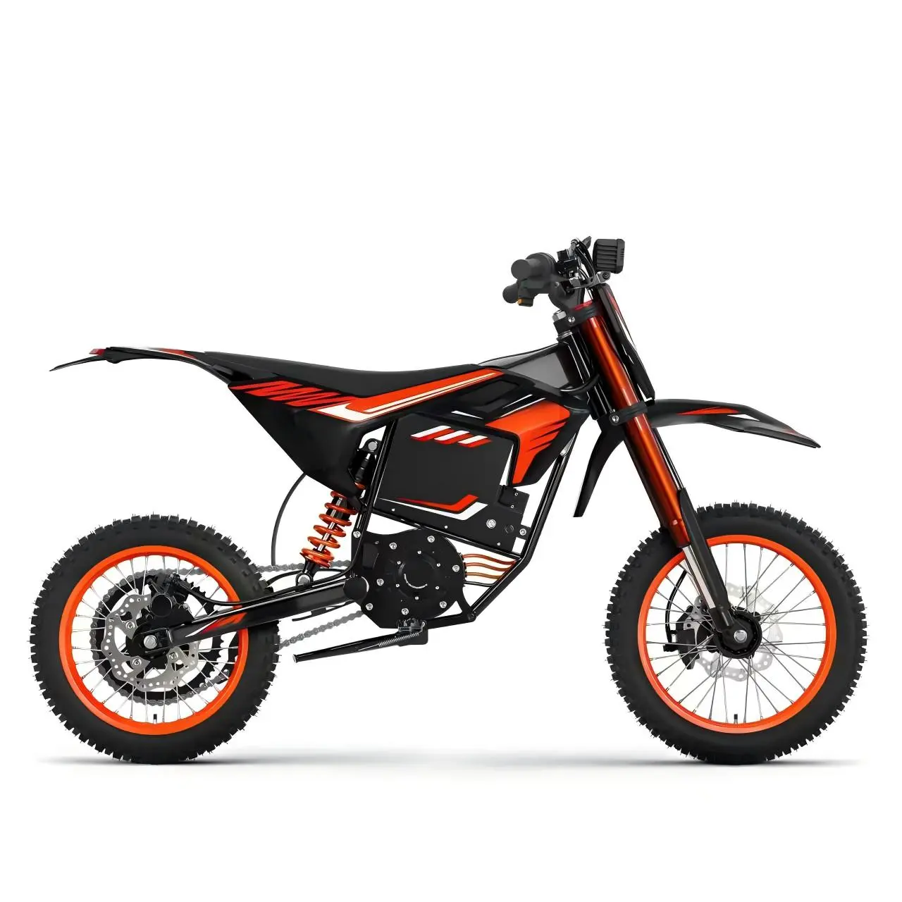 Off-road electric bicycle, 4500W peak mid-drive motor, 60V 28.8Ah removable battery, top speed 50 mph, 14"/12" tires, hydraulic brakes.