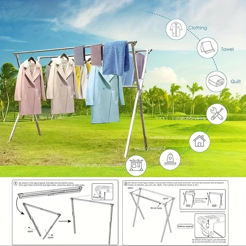 Foldable Metal Clothes Drying Rack, Adjustable Three Rod, with Space-Saving Storage, for Indoor And Outdoor,for Clothes, Blankets And Bedding, Laundry