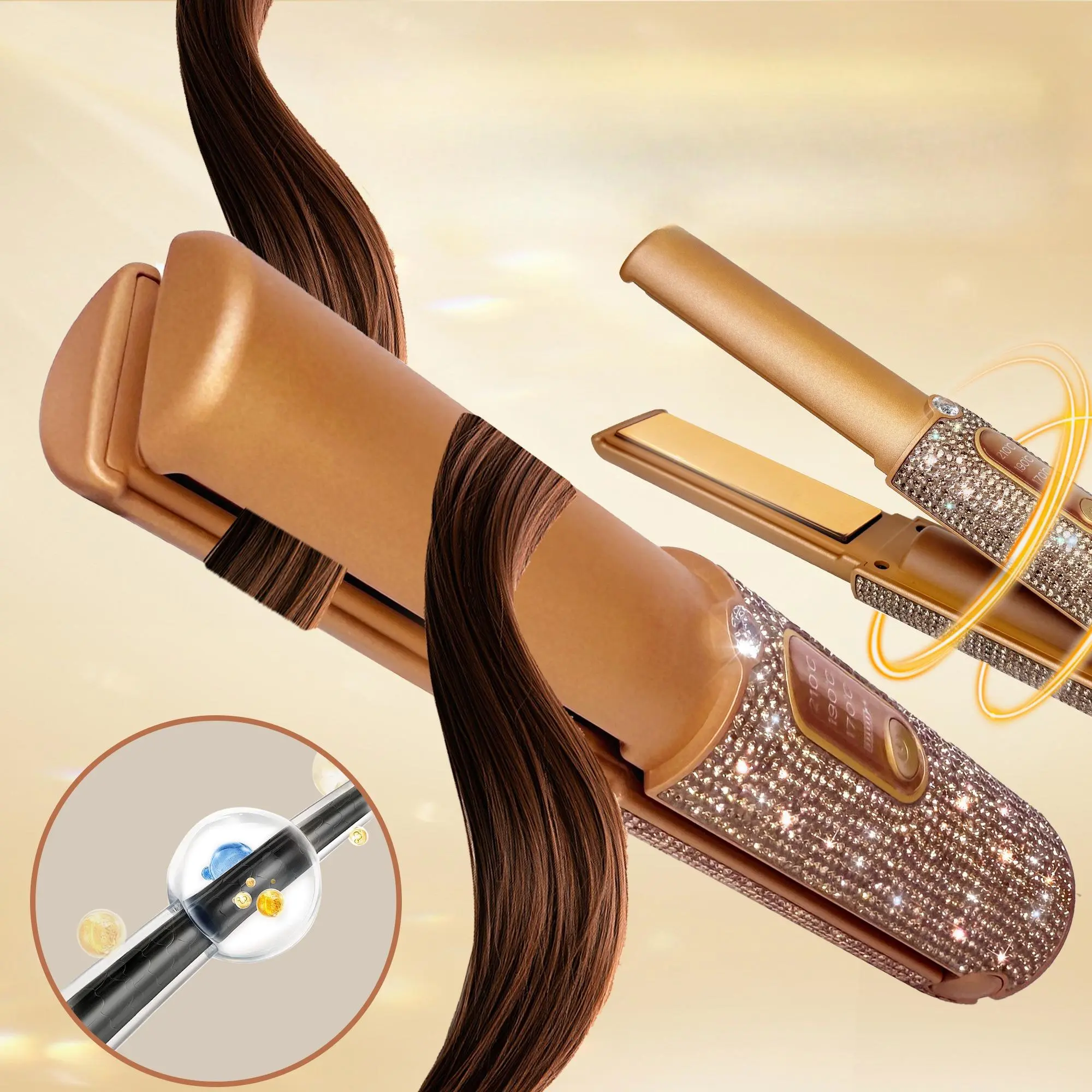 Rhinestone 2-in-1 Hair Straightener and Curler, Cordless Mini Styling Iron for Travel, Rechargeable with 3 Heat Settings, Hair Curlers, Multifunctional Styling Tool, Colored Diamond, Daily, Adjustable Hair Straightener