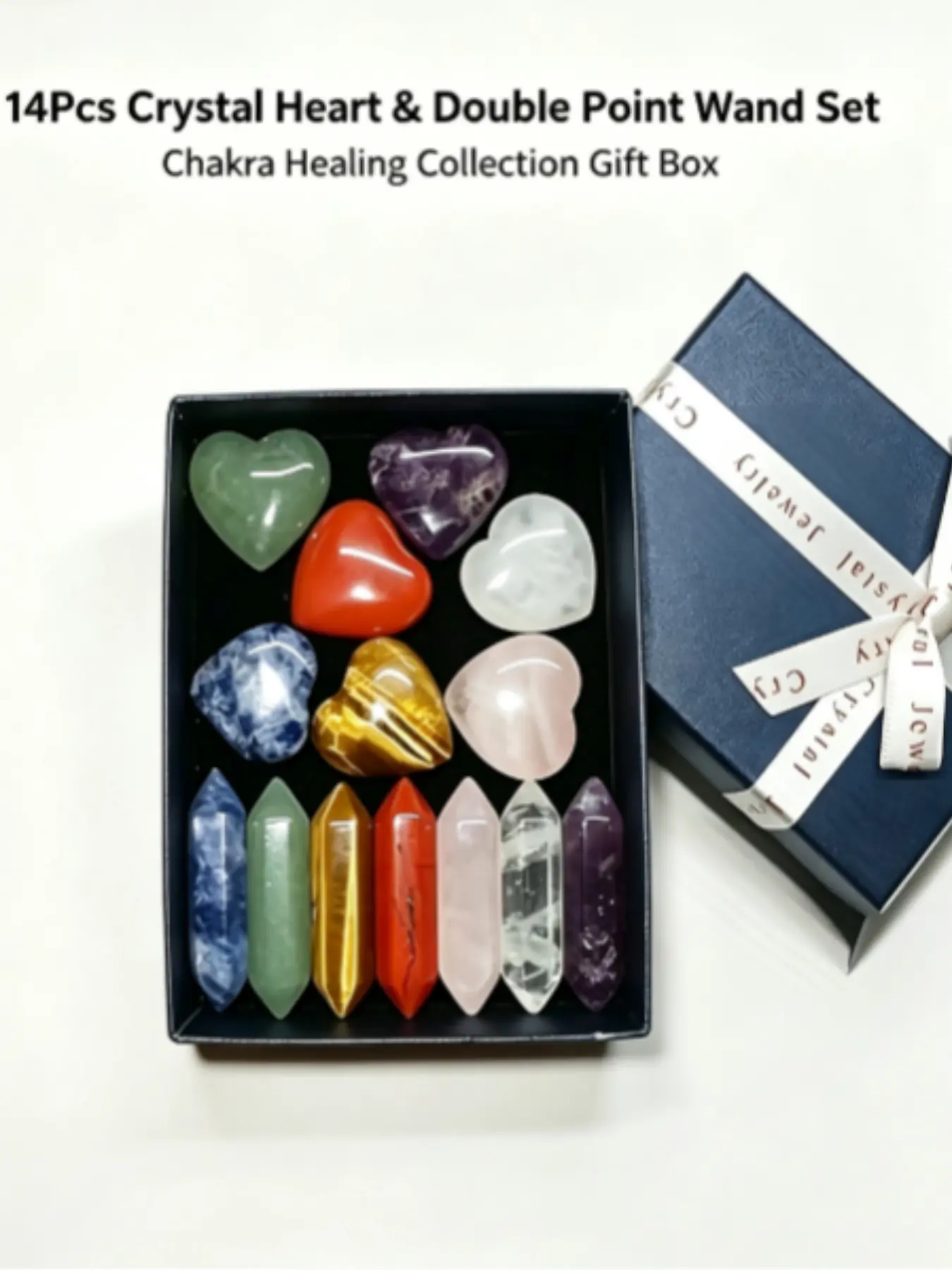 14Pcs Natural Crystal Heart & Double Terminated Hexagonal Wand Gift Set Chakra Healing Polished Crystal Stone Meditation Spiritual Ornament Gift For Men Women