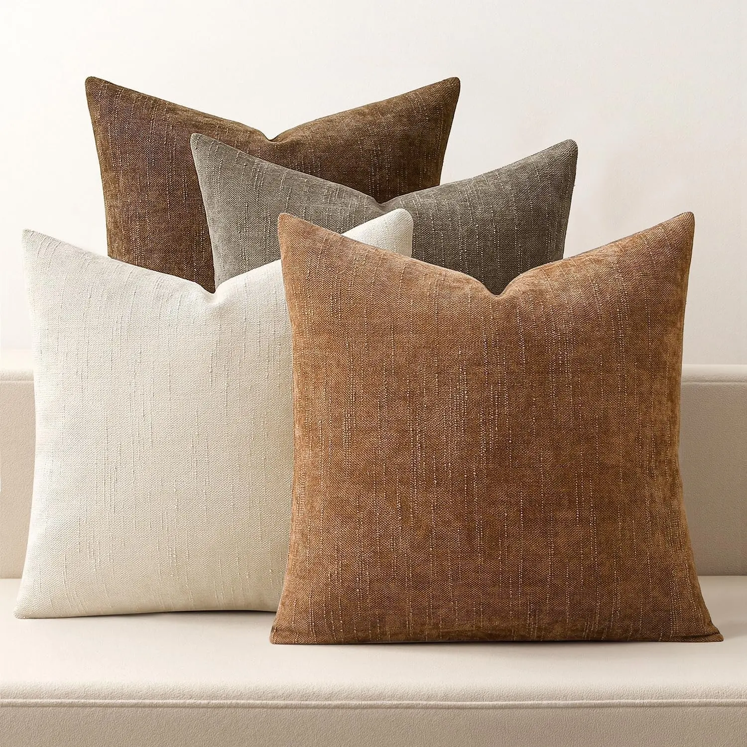 4-Pack Square Textured Chenille Cushion Covers, 18x18 in Brown, Boho Farmhouse Rustic Style for Vintage Modern Home Couch Sofa Bed Living Room Decor, Cushions