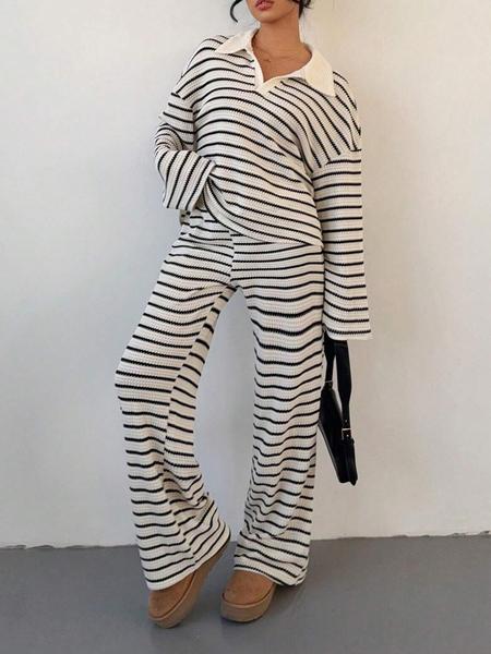 2-piece women's loose striped V-neck dropped shoulder long-sleeved T-shirt and elastic waist striped pants autumn and winter knitted suit