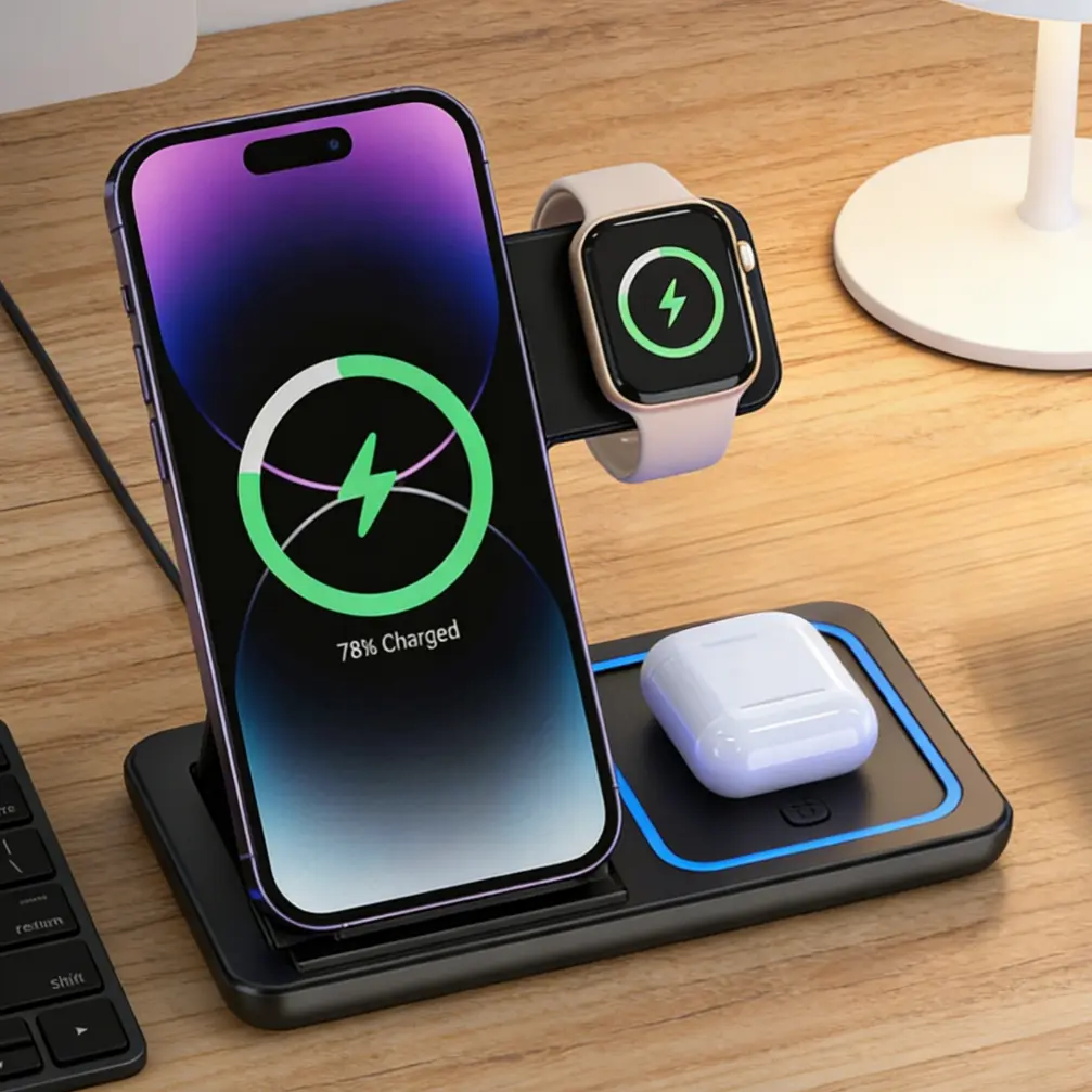 3-in-1 Foldable Magnetic Wireless Charger Station - Silicone & ABS Plastic Design, Dual Charging Fast Charger with USB-C Adapter & Cable, Mobile Phone Accessories for iPhone 17/16/15/14/13/12 Pro Max, iWatch 11, AirPods Pro 4/3 Portable Stand for Devices