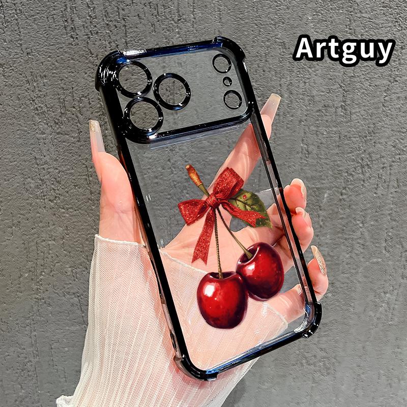 Compatible with iPhone 17 16 Pro Max 15 Plus 14 13 12 11 E Air Phone Case Cherry with Bow Pattern Transparent Full Coverage Four Corners Anti-drop Casing