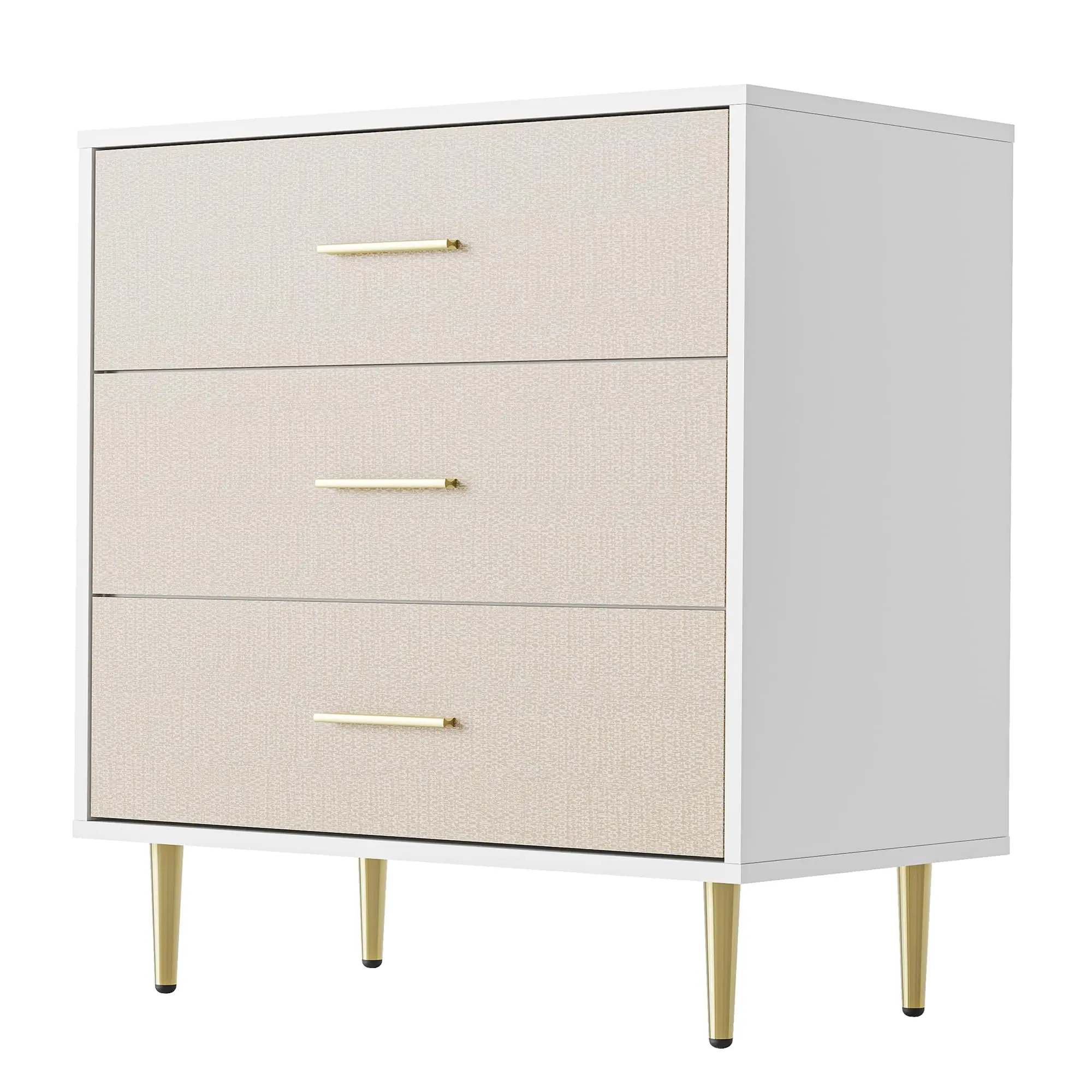 GARVEE Modern space-saving bedside table with 3 drawers - Linen wood look - Gold handles and legs - Ideal for bedroom, living room or entryway - White + fabric