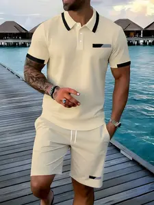 Summer Men's Astronaut Print Polo Set, Breathable Short Sleeve Top + Shorts, Casual Fitted Geometric Pattern, All Seasons Wear