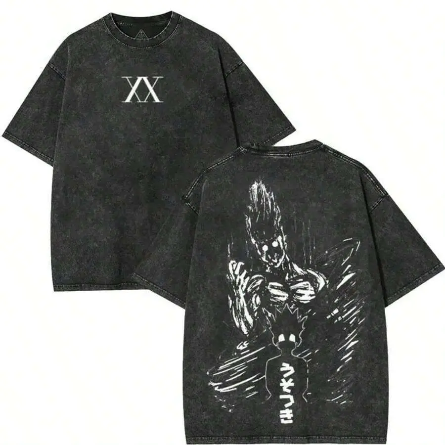 Unisex Distressed Washed Round Neck T-Shirt, Japanese Text Warrior Sketch Double Print Short Sleeve Top, Breathable Fashion Shirt for Hiking, Travel and Weekend Hangouts