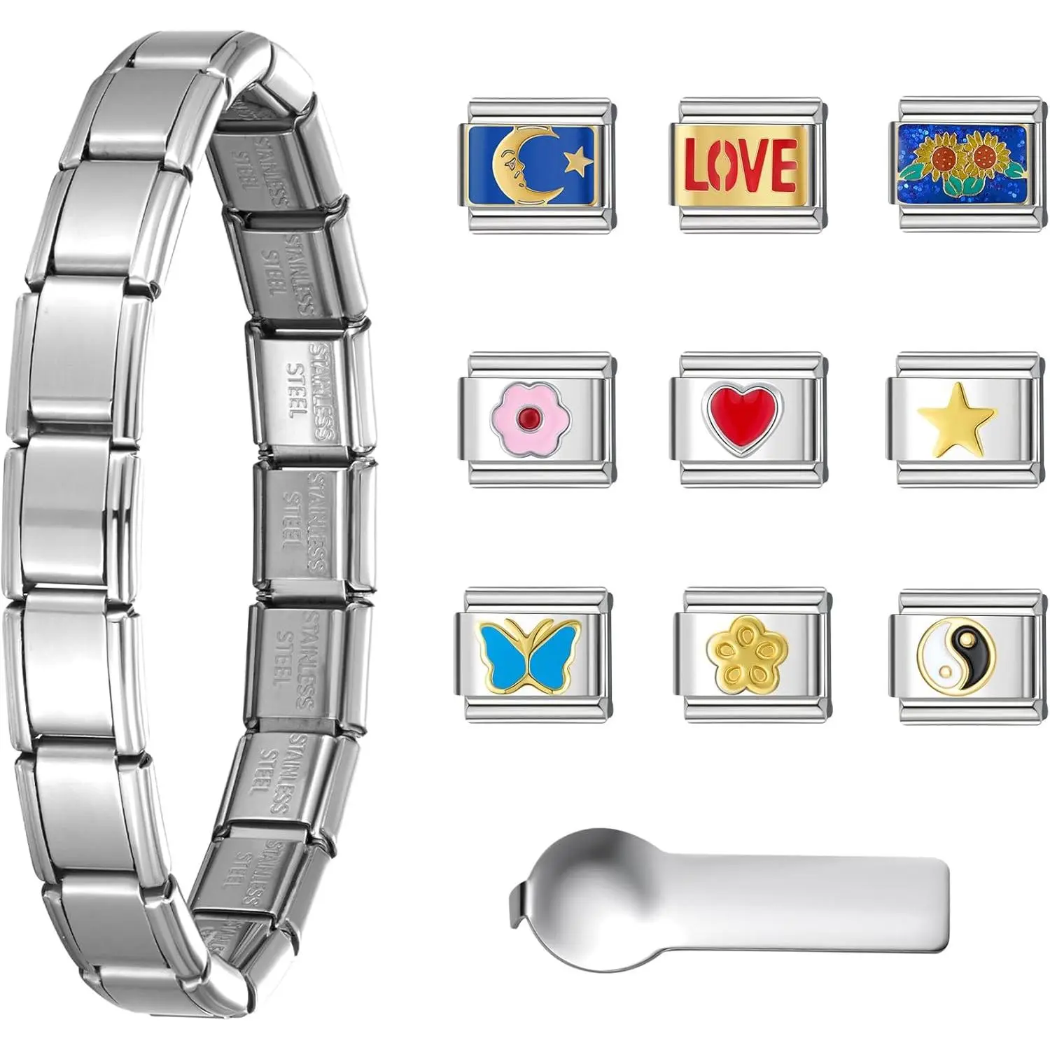 Stainless Steel 18 Link Polish Italian Charm Bracelet with 1Pcs Starter Brascelet, 9Pcs Charms and Opening Tools, Classic 9mm Modular Charm, Personalized Jewelry Gift