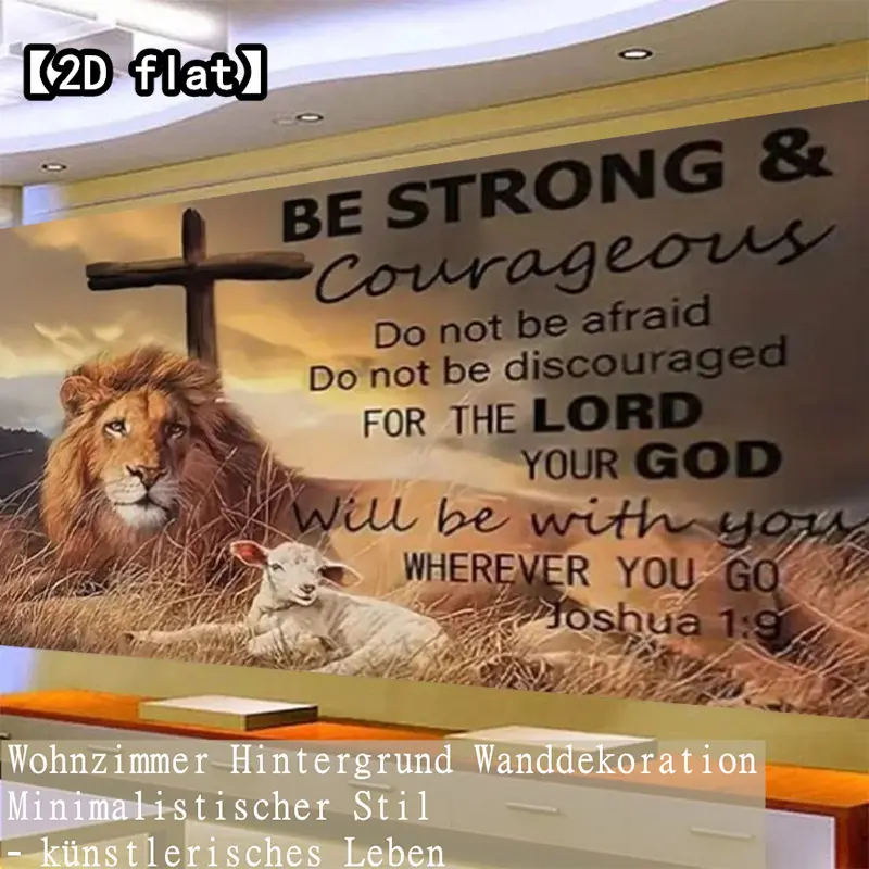 【2D flat】Lion and Lamb, cross background, inspirational scripture. A frameless minimalist canvas wall art, fashionable themed decoration, suitable for sofa, dining room, living room, hallway, art mural decoration.