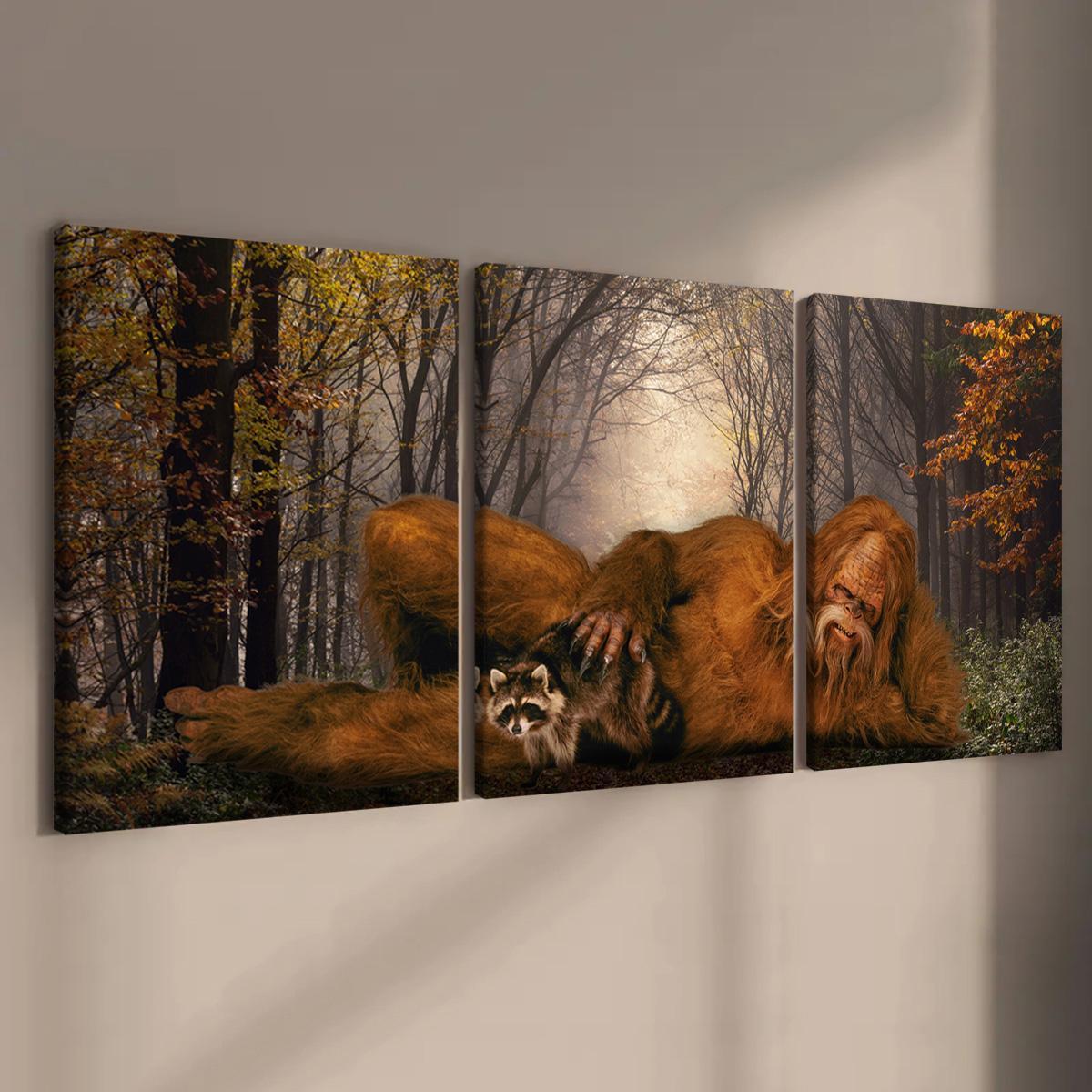 Wooden Framed Canvas Painting, 3 Counts/set Sasquatch & Animal & Tree Pattern Wall Art, Modern Wall Decor for Home Living Room Bedroom Office, Modern Home Decoration