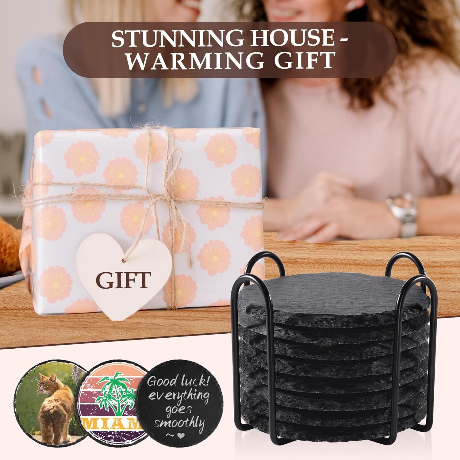 Slate Drink Coasters with Metal Holder,  Set of 8 Black Coasters, 4 Inch Stone Coaster Set Tabletop Protection for  Kitchen Apartment Bar Decor Housewarming Gifts Wedding Party, Round