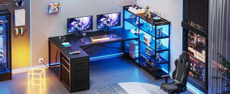 Sikaic 64.5 Inches Reversible U Shaped LED Gaming Desk with RGB Light, 5-Tier Storage, USB Ports, Black Home Office Furniture