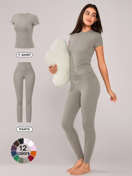 Women's Solid Short Sleeve Tee & Leggings Loungewear, Casual Comfy Round Neck Top & Skinny Pants PJ Set, Ladies Sleepwear for Spring & Fall, Pajama Women's Solid Short Sleeve Tee & Leggings Loungewear, Casual Comfy Round Neck Top & Skinny Pants PJ Set, Ladies Sleepwear for Spring & Fall, Pajama