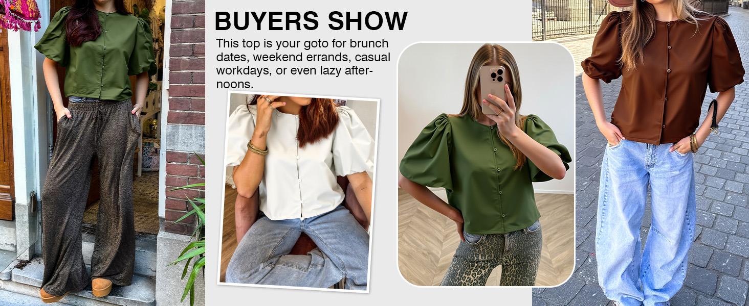 Tankaneo Womens Cropped Tops Puff Sleeve Button Down Shirts Trendy Casual Loose Fit Cute Blouse