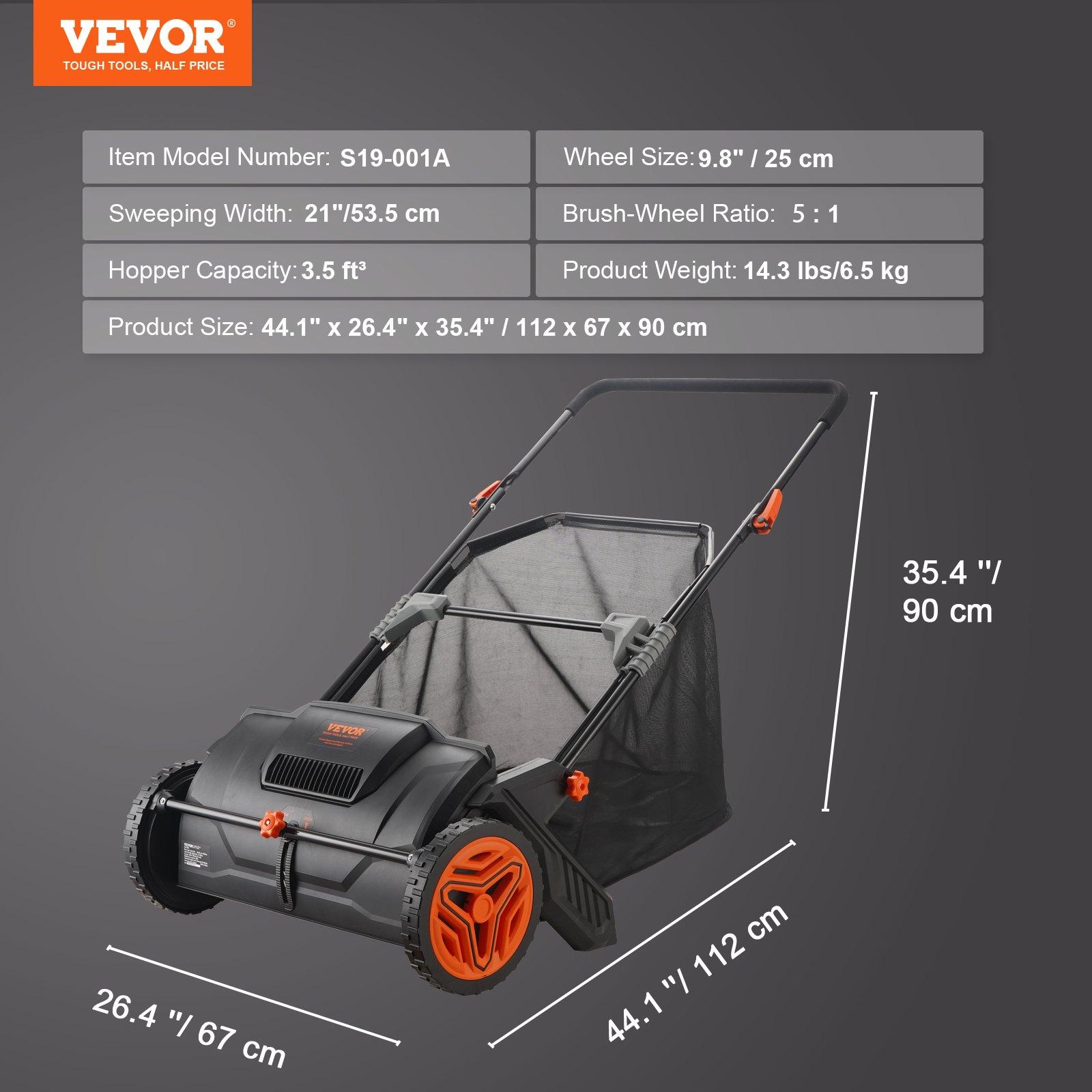 VEVOR Push Lawn Sweeper, 21inch Leaf & Grass Collector, Strong Plastic Wheels & Heavy Duty Thickened Steel Durable to Use with Large Capacity 3.5 cu.ft.Mesh Collection Hopper Bag, 2 Spinning Brushes