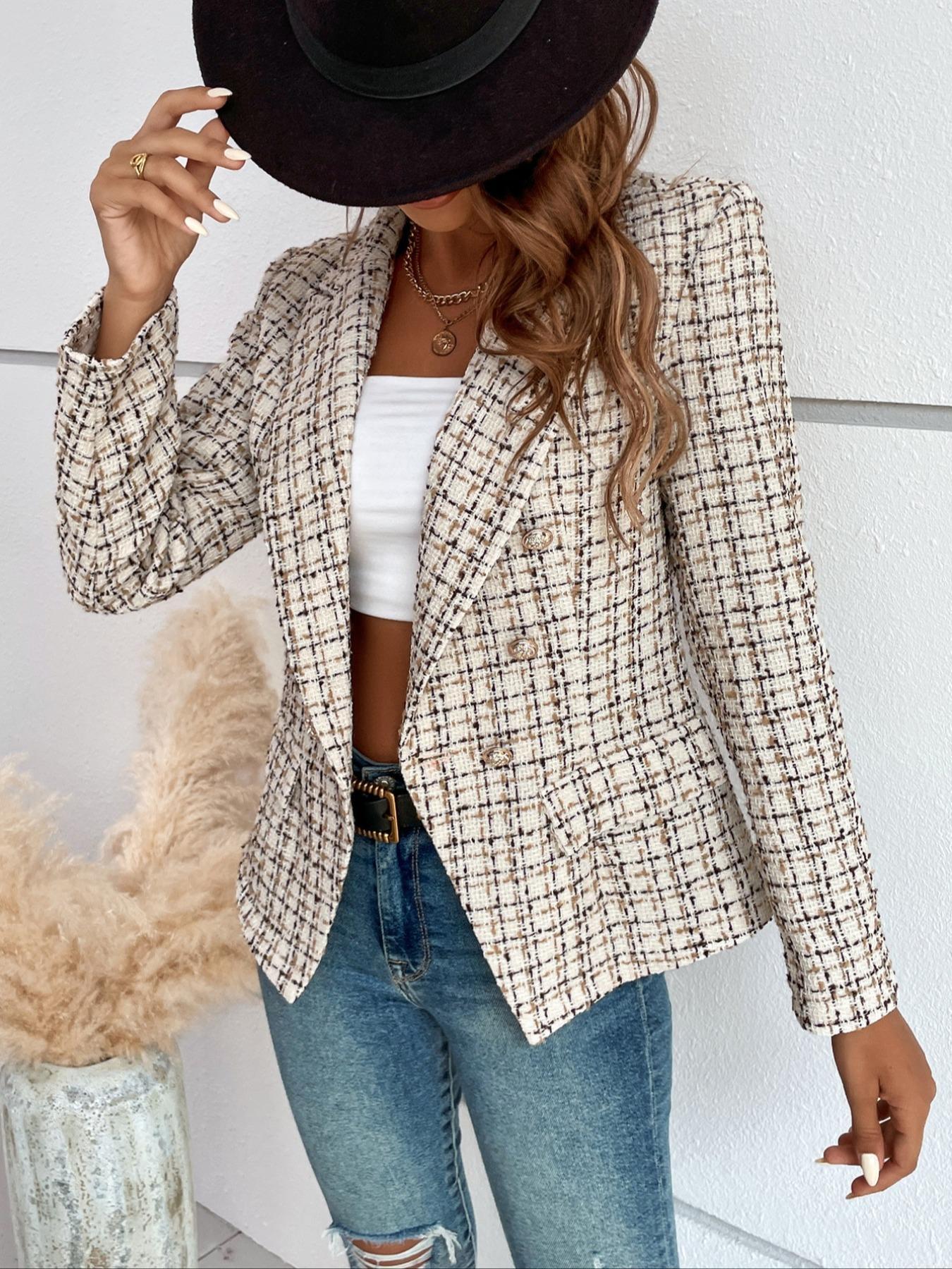 Women's Plaid Print Double Button Flap Detail Lapel Trendy Blazer, Casual Long Sleeve Outerwear for Fall & Winter, Ladies Clothes for Work Office Business, Elegant