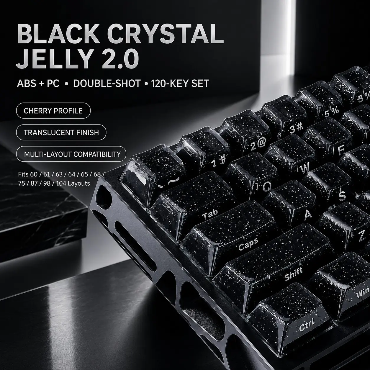 Crystal Jelly 2.0 Keycaps, Cherry Profile Double Shot Abs+PC, 120 Keys Translucent Glitter Key Caps, Gaming Keyboard Accessories