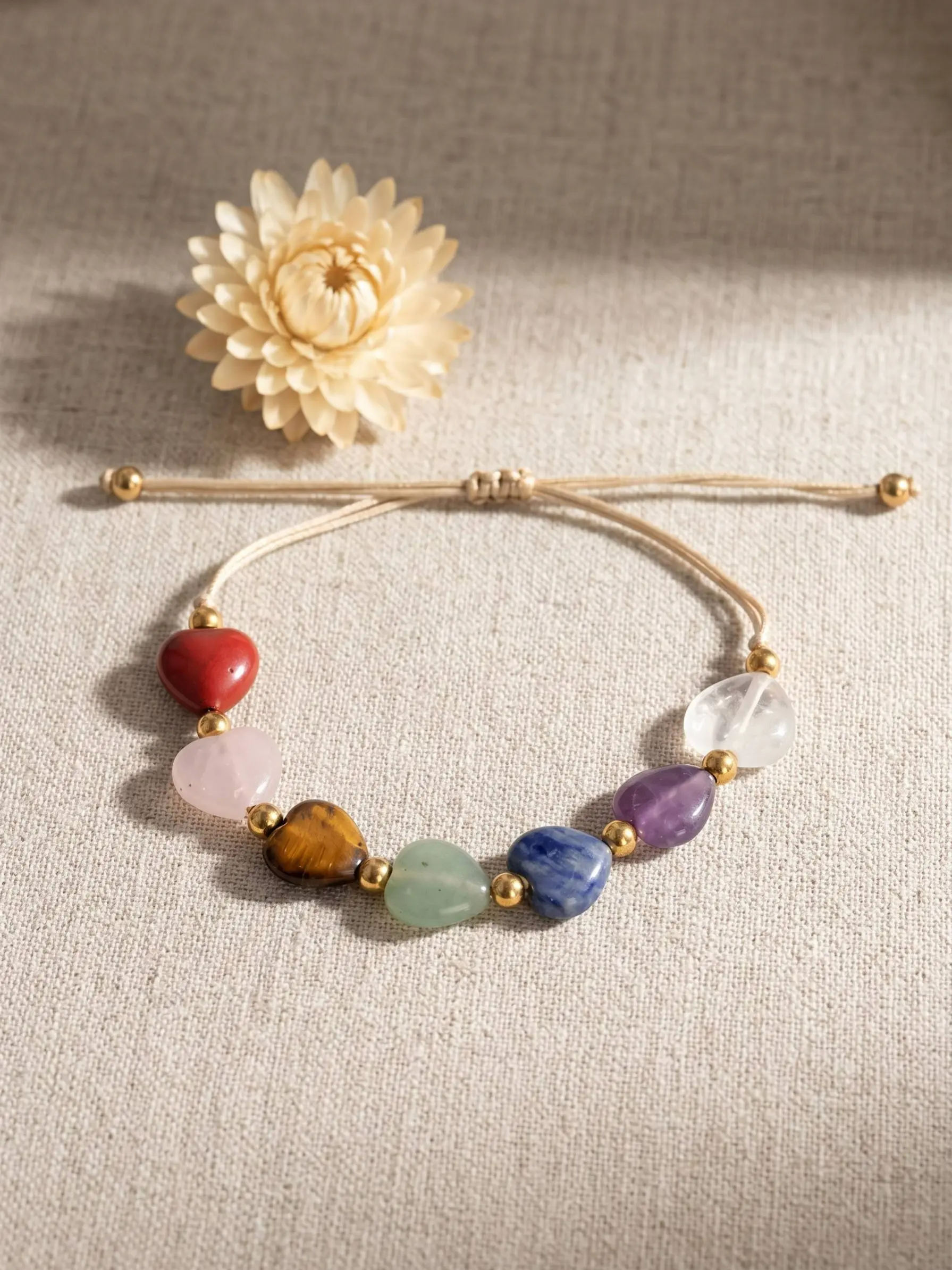 Seven Chakra Heart Natural Crystal Bracelet, Adjustable Energy Healing Yoga Meditation Spiritual Jewelry, Women's Gift Accessory