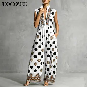 UOOZEE Women's Bohemian Polka Dot & Ethnic Print Jumpsuit, Polyester Button Front Wide Leg Romper with Pockets, Stand Collar Sleeveless Vacation Resort Outfit, Size Up for Full Bust