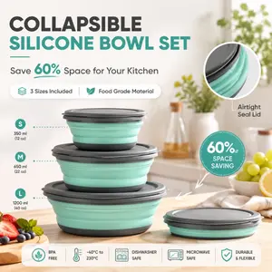 3-piece portable silicone collapsible bowl set features leak-proof, portable collapsible bowls suitable for kitchen storage, travel, and camping.