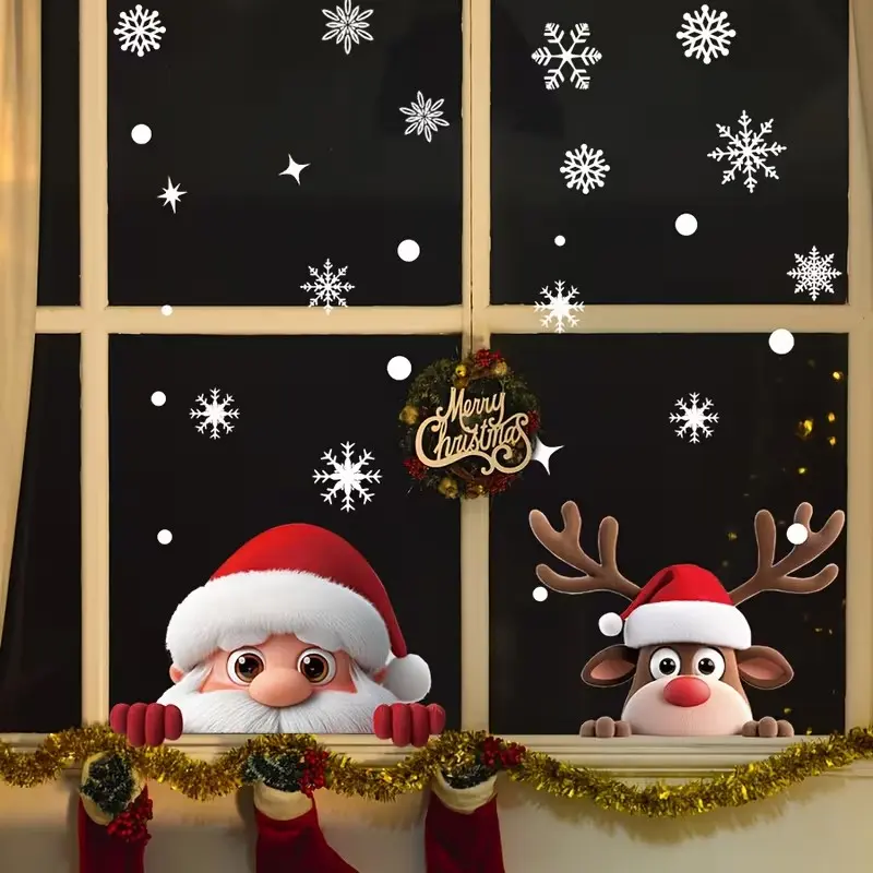 Cute Christmas Window Stickers, Room Decor, Santa Claus, Reindeer, Snowflakes, Removable Static Stickers, Baby Room Holiday Decoration, Halloween Gift