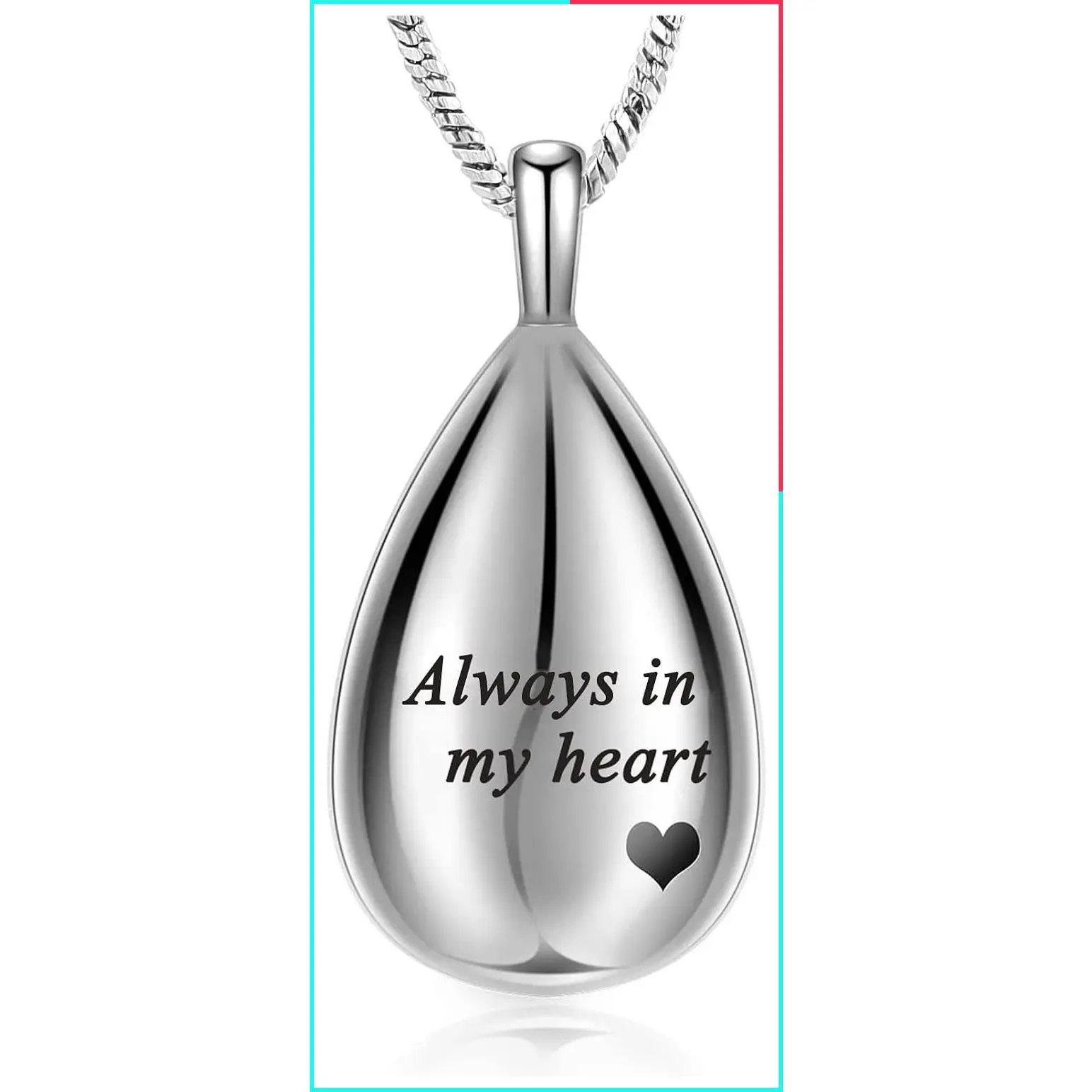 Carved Teardrop Keepsake Ashes Necklace Urn Pendant Cremation Memorial Jewelry - Always in My Heart
