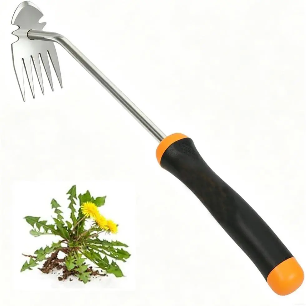 Weed ,  Garden Weeding Tools Manganese Steel Hand Weeder Tool with Handle, 5 Teethes  Purpose Manual Weeders Tool Weed Tool for Garden (Rubber Handle)