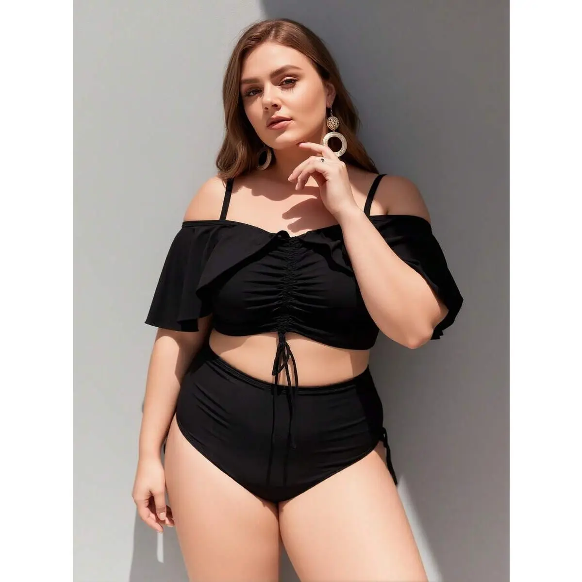 Women's Plus Size Black Off-The-Shoulder Ruffle Bikini Set With Front Ruched Crop Top & High Waisted Bottom, Sexy Two Piece Swimsuit, Tummy Control Bathing Suit, Summer Beachwear, Pool Party, Tropical Vacation, Resort Wear, Beach Club Outfit, Cruise Wear,