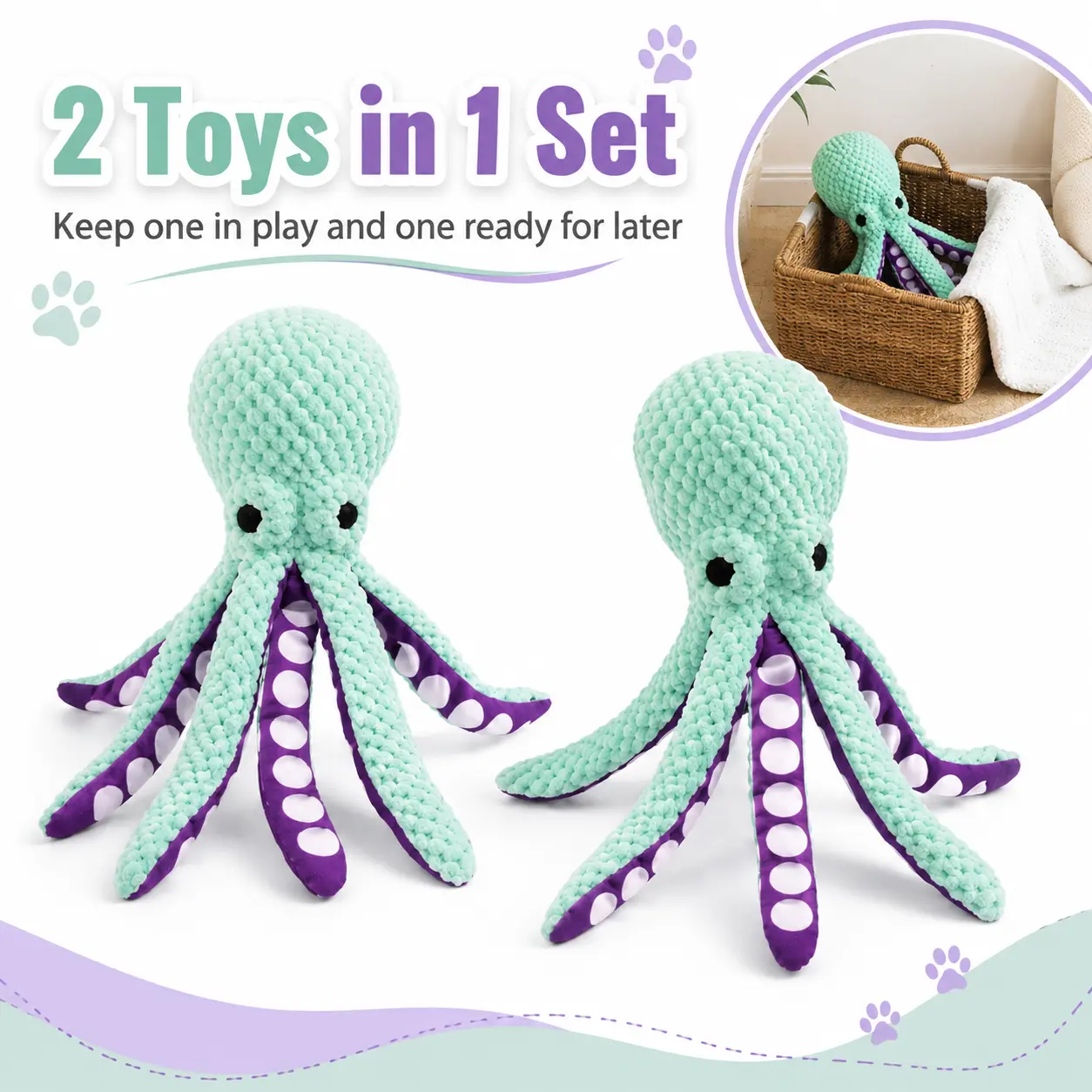 2-Pack Interactive Squeaky Octopus Shaped Dog Toys - Tough Chewer Soft Plush Toys for Puppies & Small to Large Dogs, Boredom Relief, Interactive Pet Toy