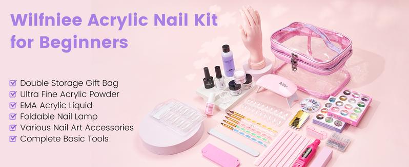 Nail Kit for Beginners with Everything: Practice Nail Hand Acrylic Set Professional Powder Liquid Starter Kits with Drill U/V Lamp in Cosmetic Gift Bag for Salon Home (Pink)