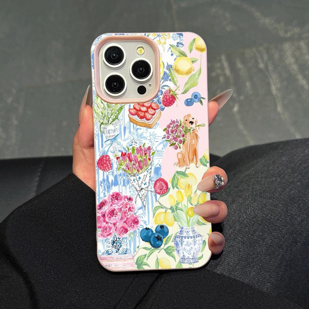 1 piece faux leather texture feel pink with exquisite flowers, strawberry, and puppy pattern phone case, stain-resistant, high-end feeling phone case for iPhone series