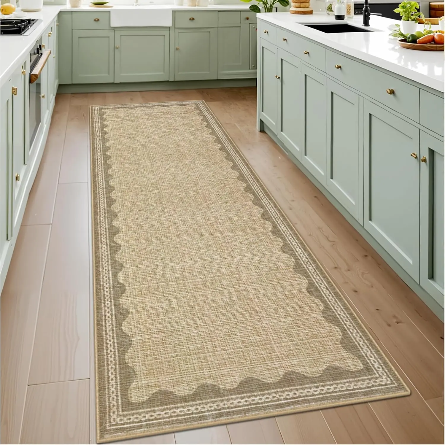 Gaomon Runner Rug for Hallway Washable Kitchen Rugs Non Slip Solid Tan Jute Digital Printing Modern Soft Low-Pile Scalloped Indoor Carpet for Entryway Laundry Room Floor Mats