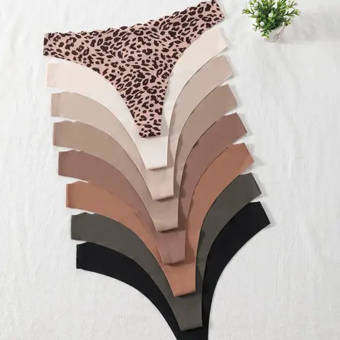 Women's Solid & Leopard Print Scallop Trim Nylon Thong, Breathable Lightweight Comfortable Casual Panty for Daily Wear, Ladies Underwear for All Seasons, Lingerie, Lightweight Summer Panties, Breathable Lightweight Undies, Casual Comfy Panty