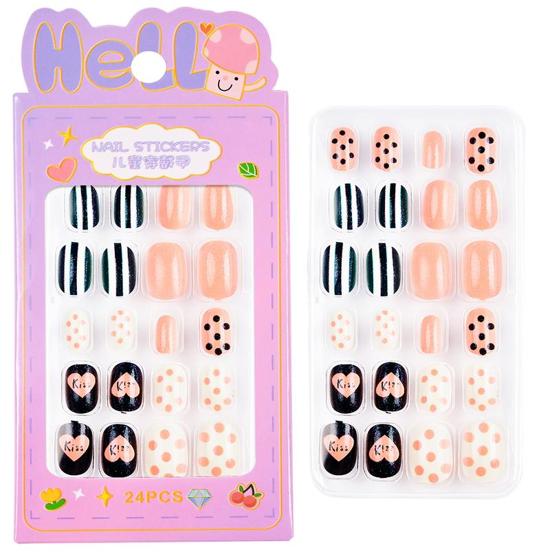 24Pcs/Box Children False Nails Kids Cartoon Girl Press on Nail Short Artificial Fake Nail Safe Full Cover Acrylic Nail Tips Kits