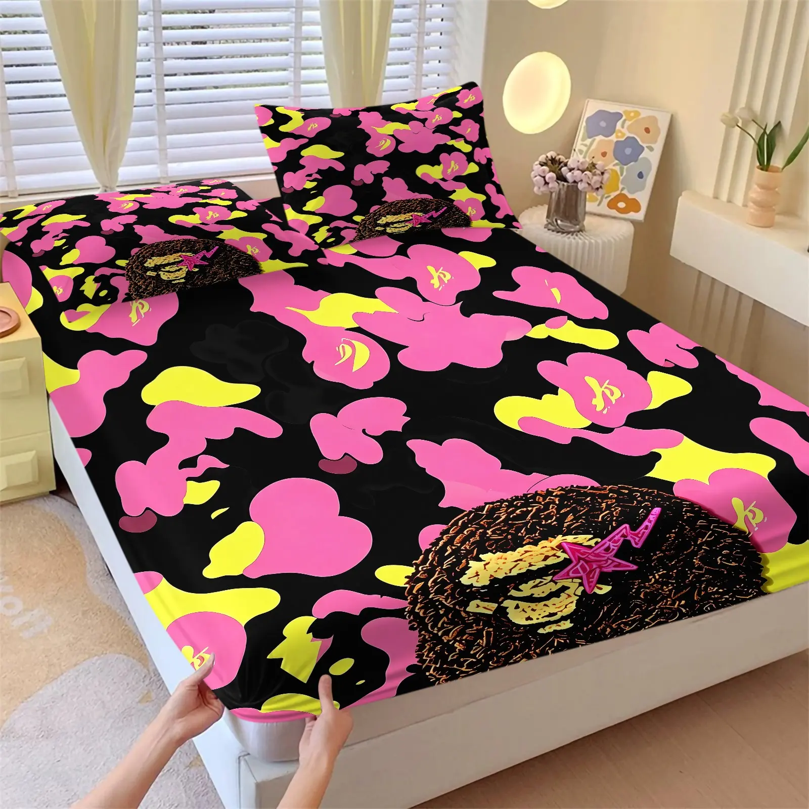 3Pcs Dark Pink Yellow Camo Fitted Sheet Set, Bedsheets Set, 2 Coreless Pillowcases, Irregular Camo With Furry Character, Pink Star Print, Soft Breathable Polyester All Season Bedding, Dark Street Decor For Teen Room Renovation