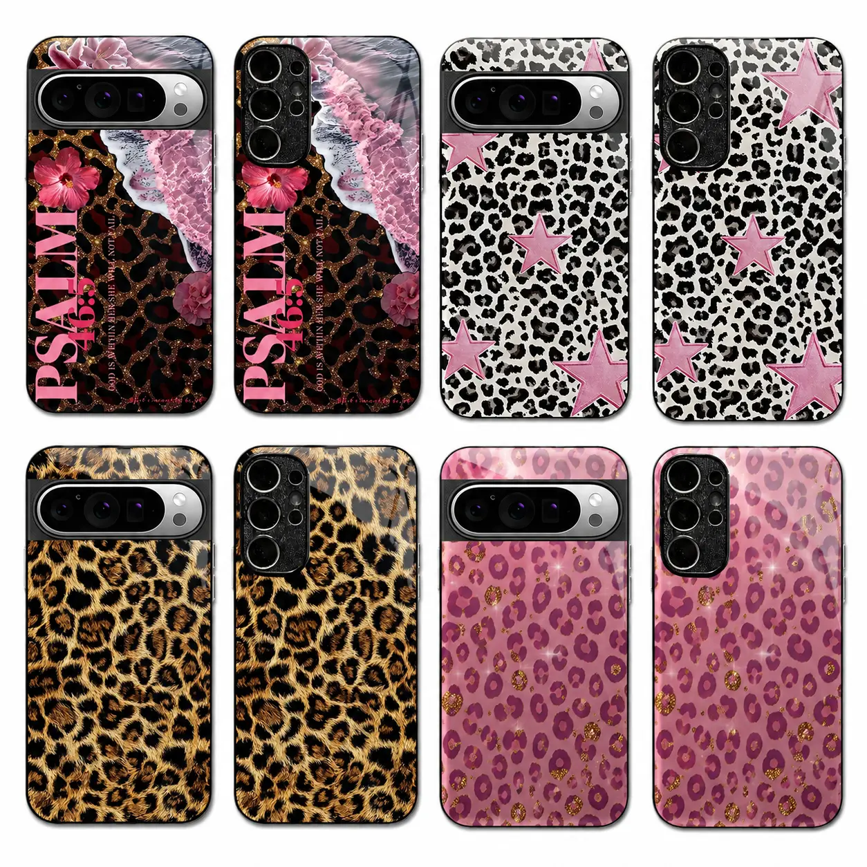 Y2K Pink Leopard Print Tempered Glass Phone Case For Google Pixel & Samsung Galaxy, Cute Glitter Cheetah Star Floral Pattern Shockproof Glossy Hard Cover, Trendy Coquette Aesthetic Phone Shell