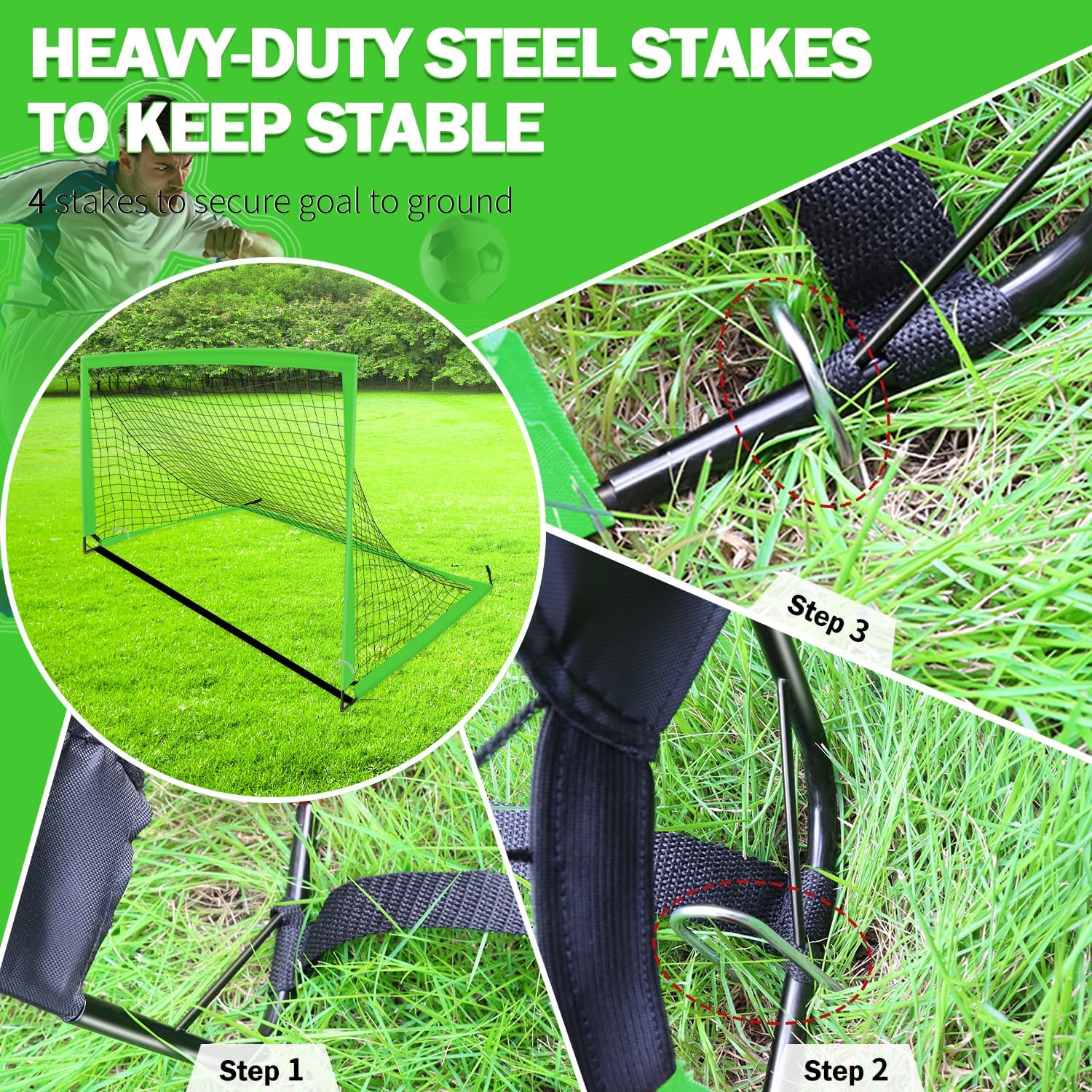 Portable Soccer Goal 9x5ft/6x4ft/4x3ft with Stakes - Green for Backyard, Indoor & Outdoor Use