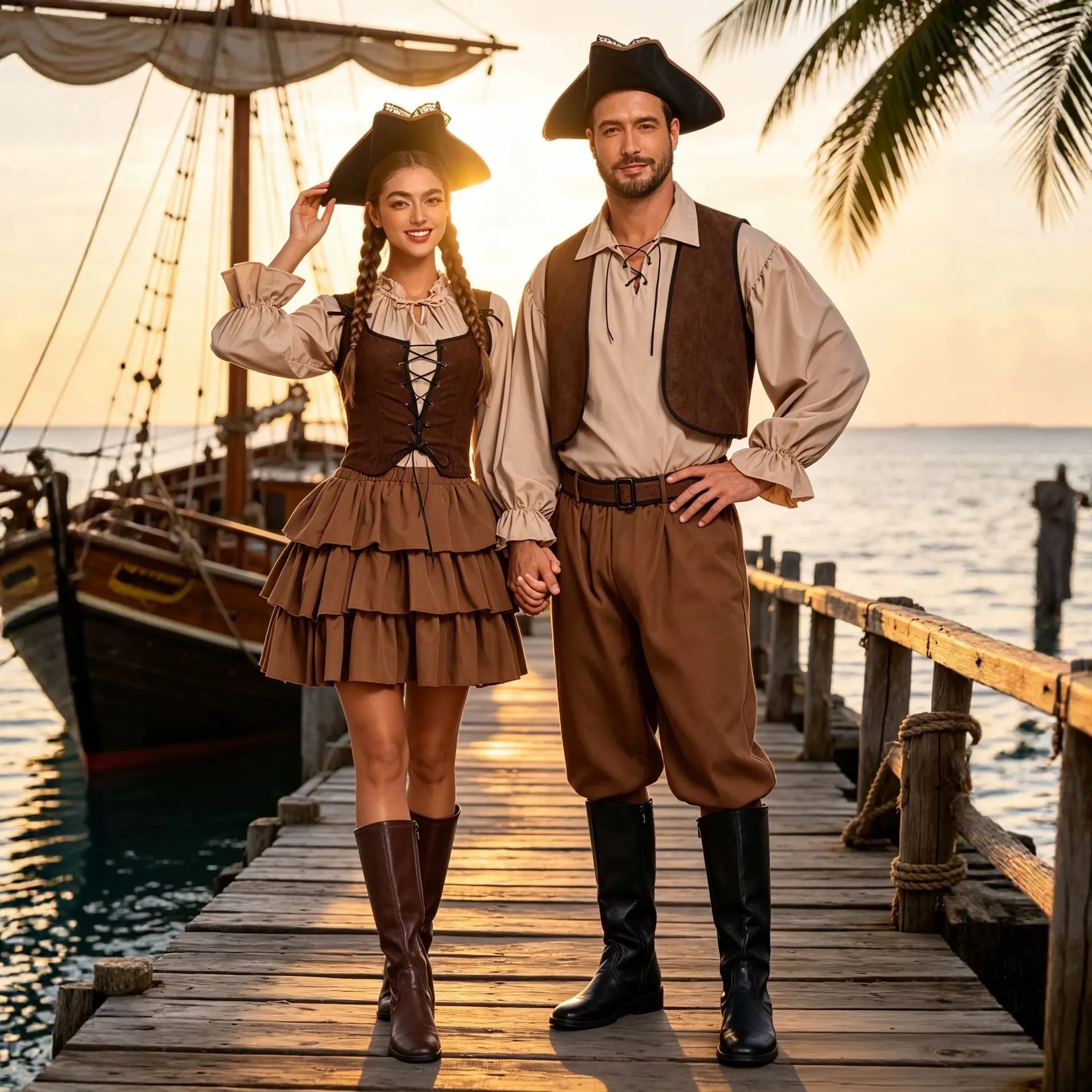 Couple Vintage Pirate Captain Costume Set for Men Women Halloween Themed Party Role Play Outfit