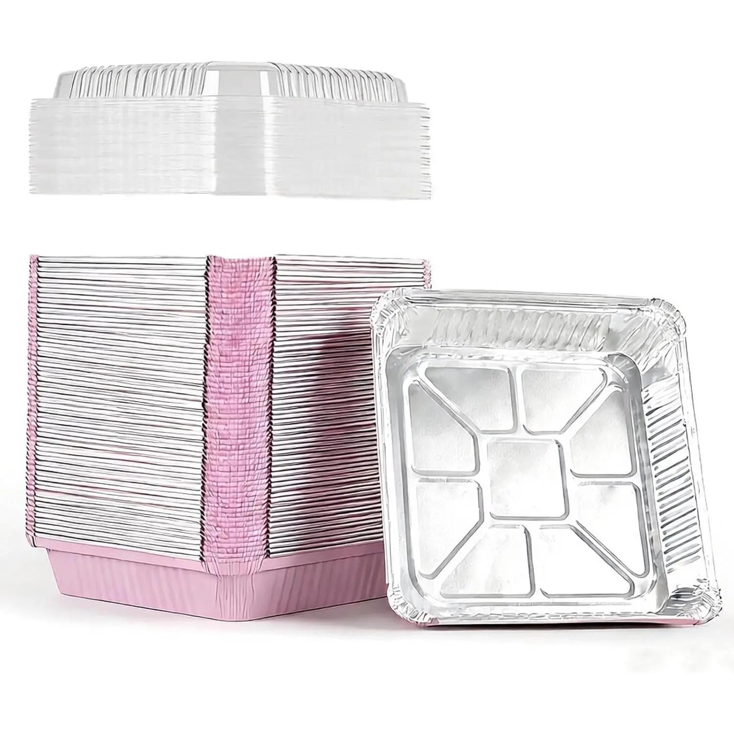 (40 Pack) 8x8 in Square Aluminum Baking Cake Pans with Lids - Pink Foil Kitchenware Cookware, Disposable Oven-Safe Food Containers for Cooking, Storing