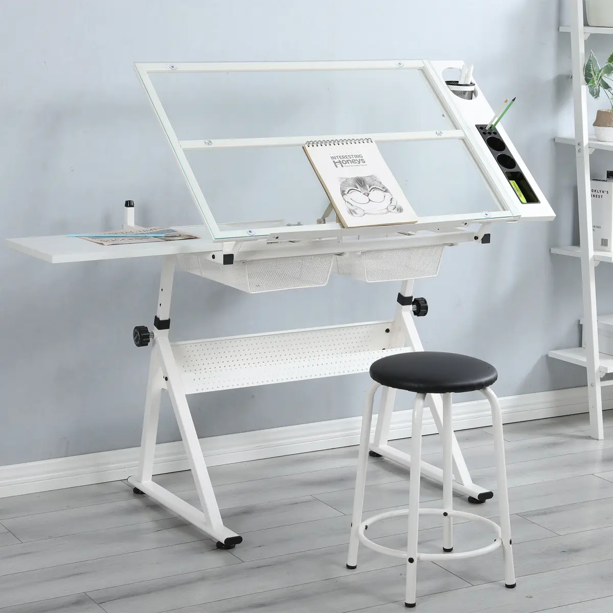 Fahuac Modern Rectangular Glass & Metal Adjustable Drafting Table with Chair, 0-75 Degree Tiltable Top, Height Adjustment, 2 Drawers & Side Storage for Home Office