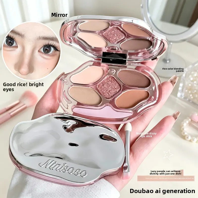 Ninisoso Vibrant 5-Color Eyeshadow Palette, Shimmer Glitter Brightening Under-Eye Concealer Tray, Multi-Functional All-In-One Palette with Highlighter, Contour and Eyeshadow