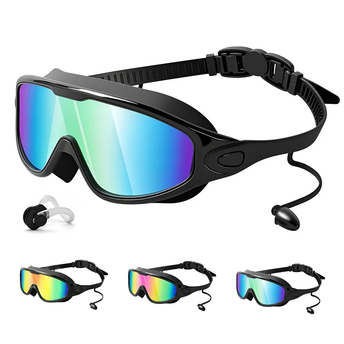 Swim Goggles for Adults & Kids - Wide View Anti-Fog, UV Protection, Waterproof No Leaking Swim Glasses with Earplugs, Unisex for Outdoor Water Sports Swimming