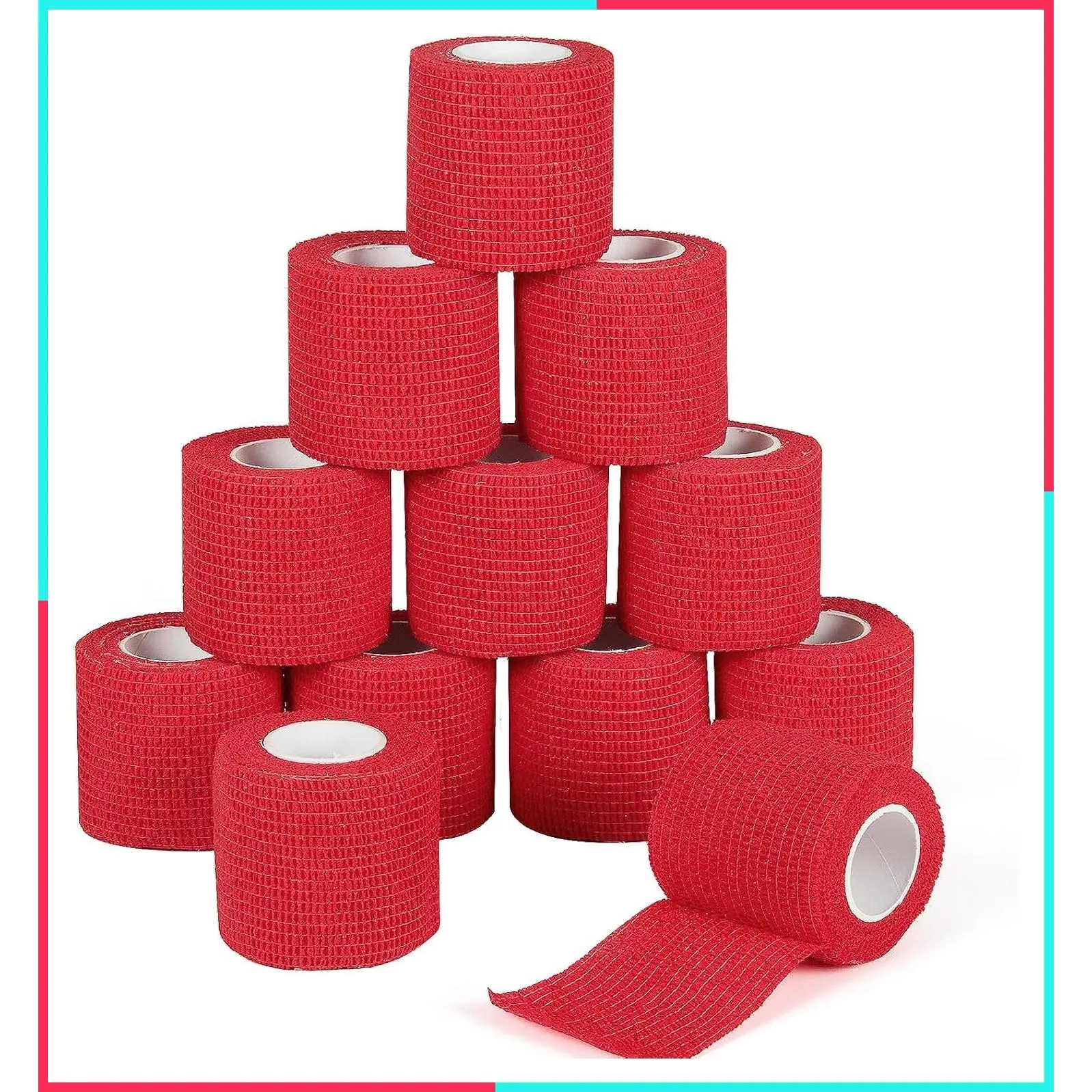 12 Pack 2 Inch x 5 Yards Self Adherent Cohesive Bandage Wrap Elastic Adhesive Vet Tape for Dogs, Athletic Sprains, Wrist Ankle Support, Red