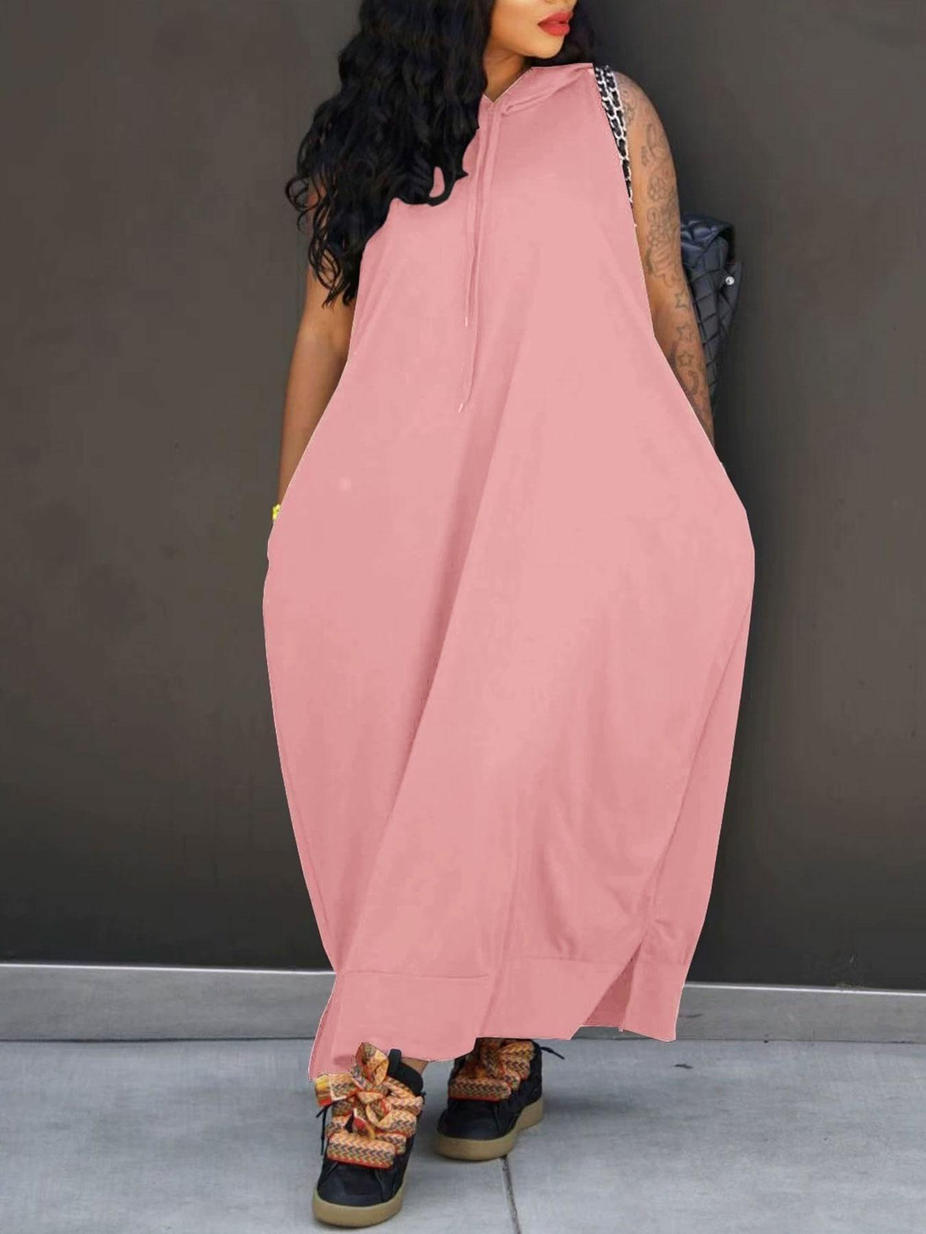 Women's Plain Drawstring Hooded Tank Dress, Casual Basic Pocket Sleeveless Dress for Summer, Fashion Women's Clothing for Daily Wear, Casual Chic Dress