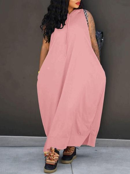 Women's Plain Drawstring Hooded Tank Dress, Casual Pocket Sleeveless Maxi Dress for Summer, Fashion Women's Clothing for Daily Wear