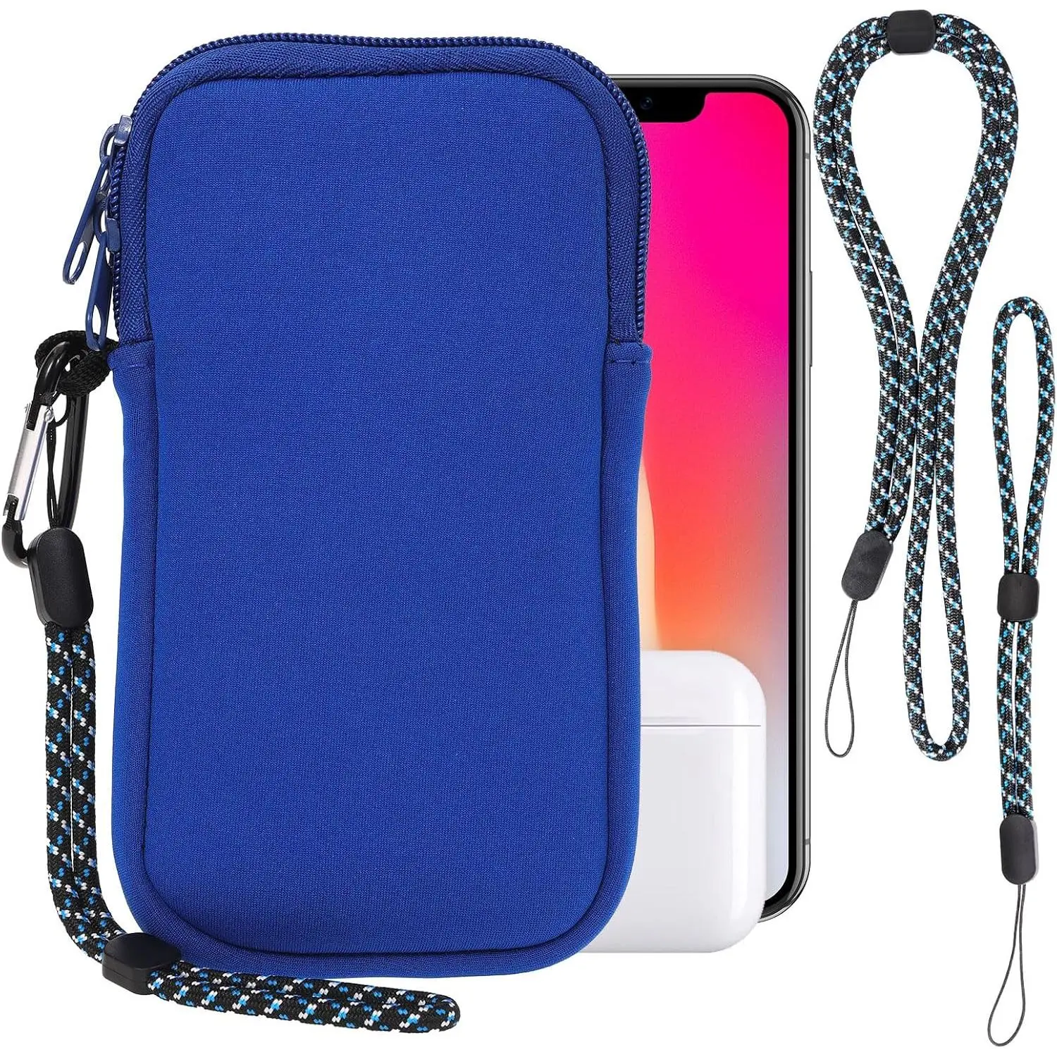 Phone Sock,  Shock &  Resistant Neoprene Pouch with Carabiner and Lanyard Strap Sleeve Case for Hiking & Travelling Phone Bag Fits Phones up to 7 Inches, Light Blue, M